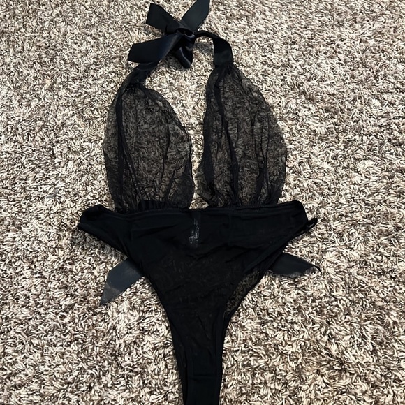 Black Mesh Satin Halter Tie Teddy - Picture 9 of 11